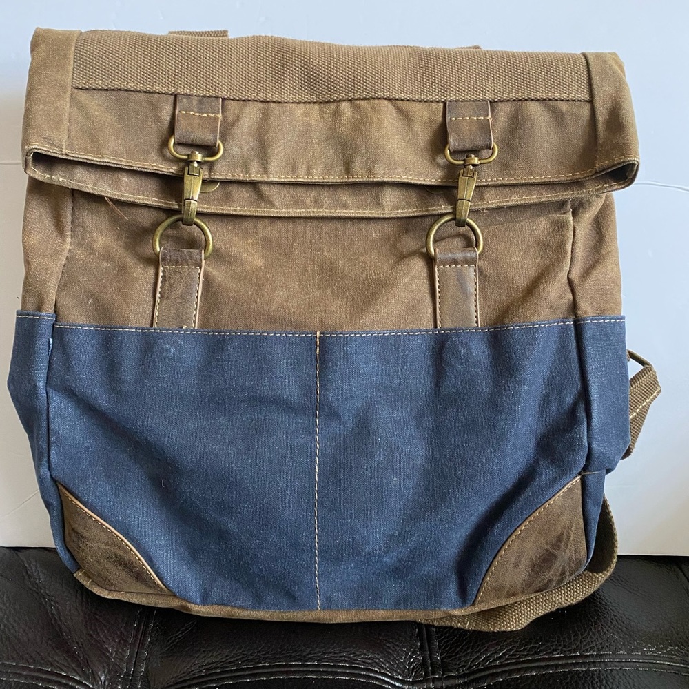 Cargoit Canvas Leather Backpack Blue And Dark Brown Fold Over Buckle Rucksack